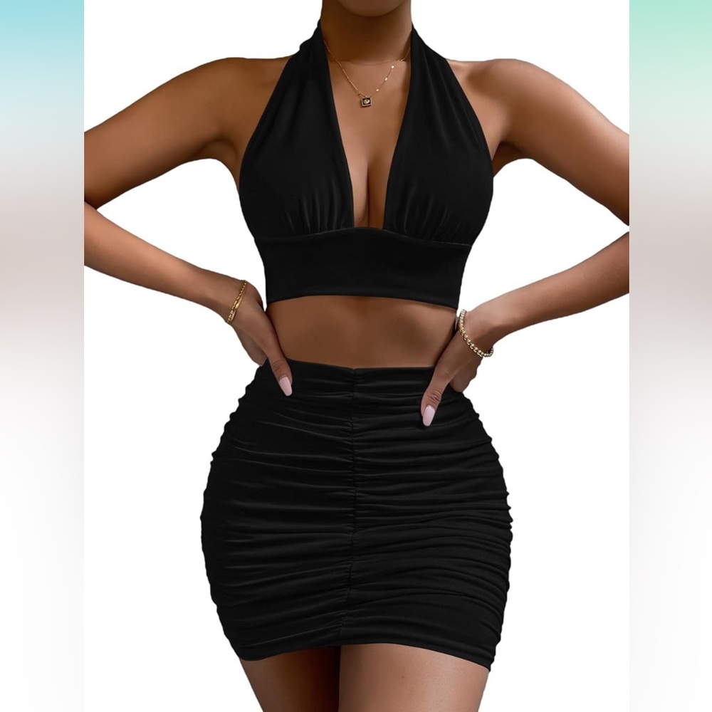 Black 2 Piece Outfit - Halter Top and Ruched Mini Skirt Set